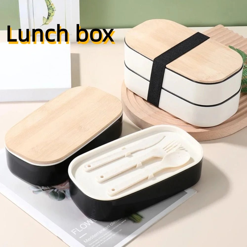 1200ML Divided Lunch Box Picnic Microwave Wooden Cover Japanese Bento Box Portable Double Layer Food Container for Kids - CheffyCorner