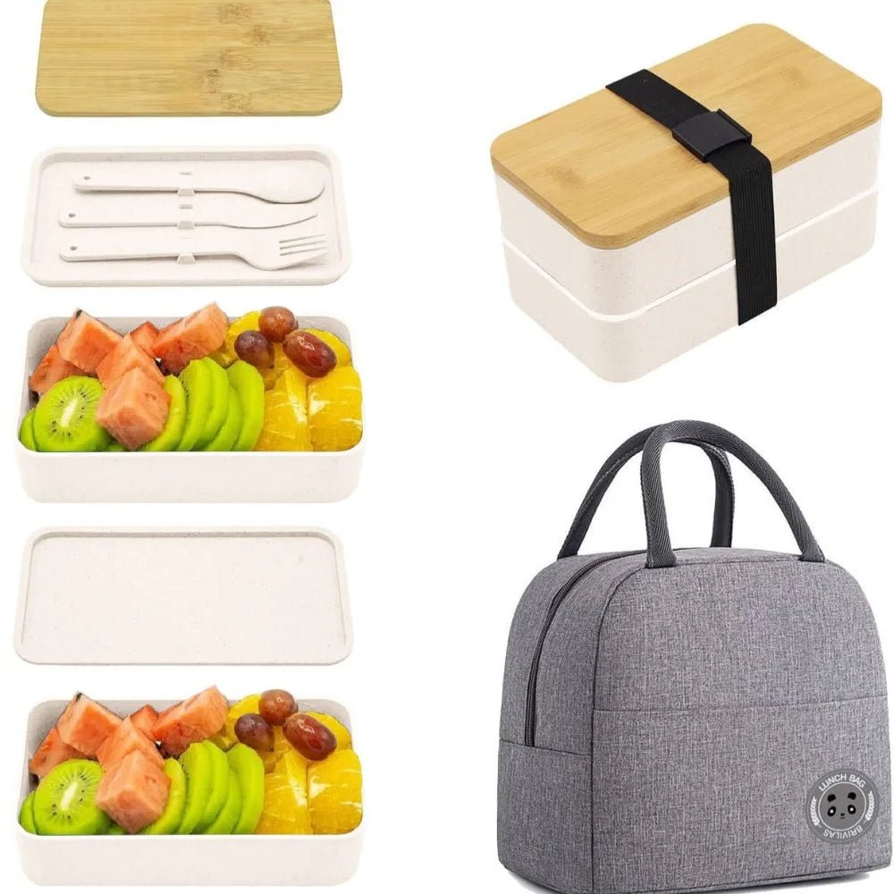 1200ML Divided Lunch Box Picnic Microwave Wooden Cover Japanese Bento Box Portable Double Layer Food Container for Kids - CheffyCorner