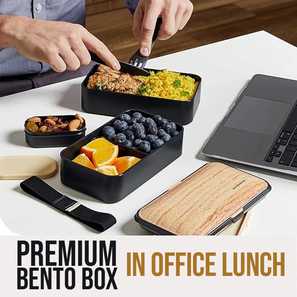1200ML Divided Lunch Box Picnic Microwave Wooden Cover Japanese Bento Box Portable Double Layer Food Container for Kids - CheffyCorner