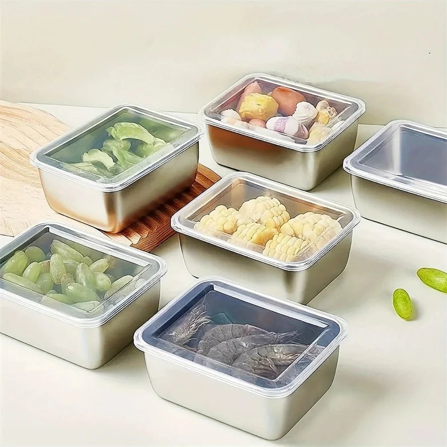 1/3/5Pcs Stainless Steel Food Storage Box Fresh - Keeping Box with Lid ,Rectangle Sausage Noodles Fruit Dish with Cover - CheffyCorner