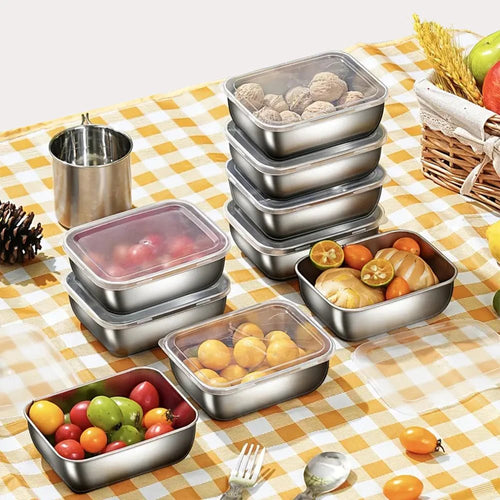1/3/5Pcs Stainless Steel Food Storage Box Fresh - Keeping Box with Lid ,Rectangle Sausage Noodles Fruit Dish with Cover - CheffyCorner