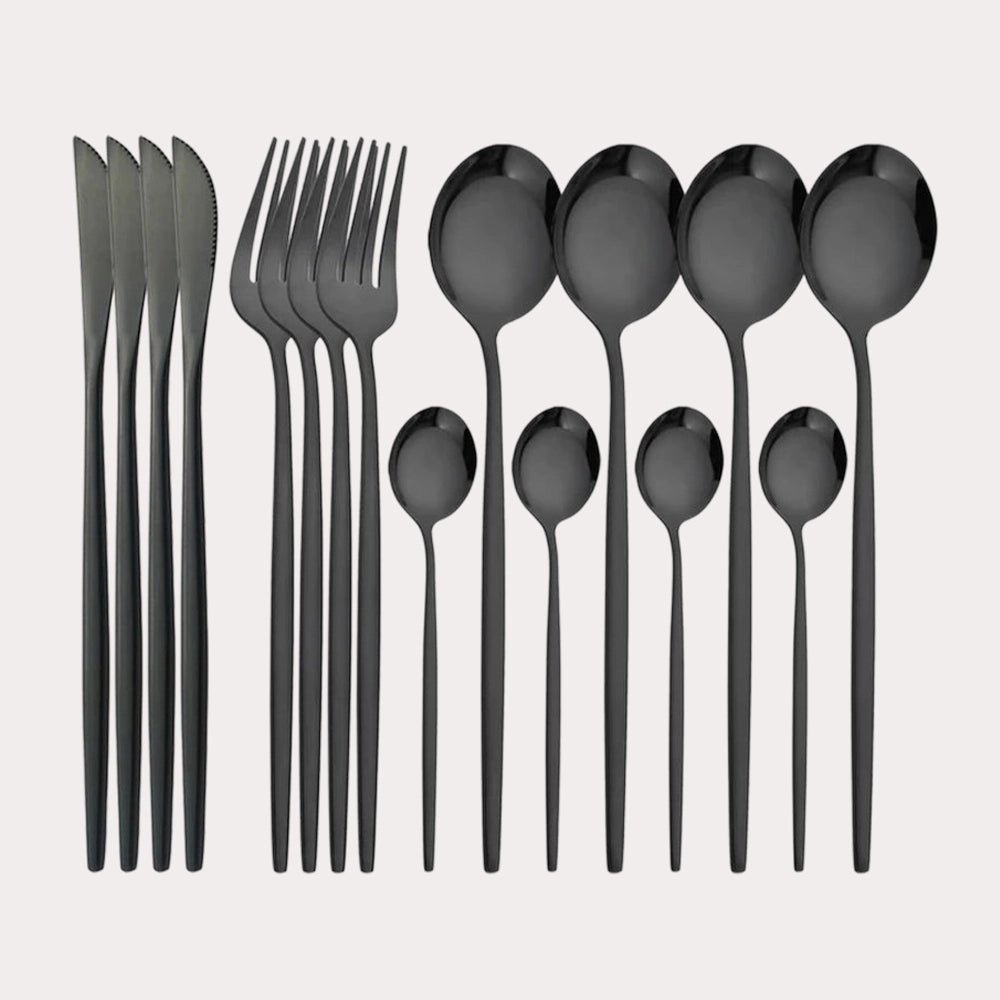 16Pcs Dinnerware Set Stainless Steel | Tableware Mirror Dinner Black Cutlery Set - CheffyCorner
