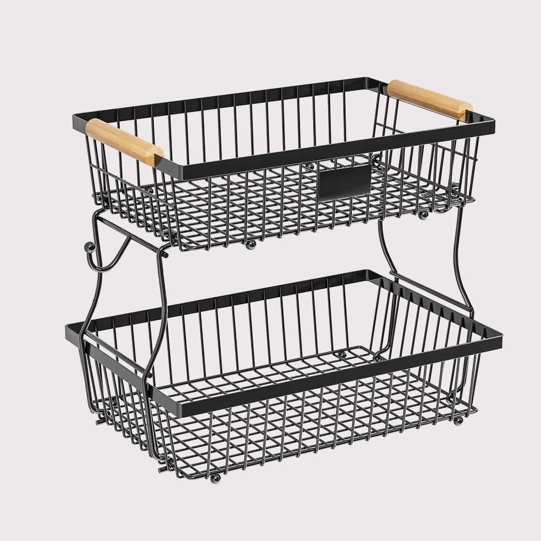 Fruit Basket Vegetable Basket | Metal Storage Basket with Hook and Wooden