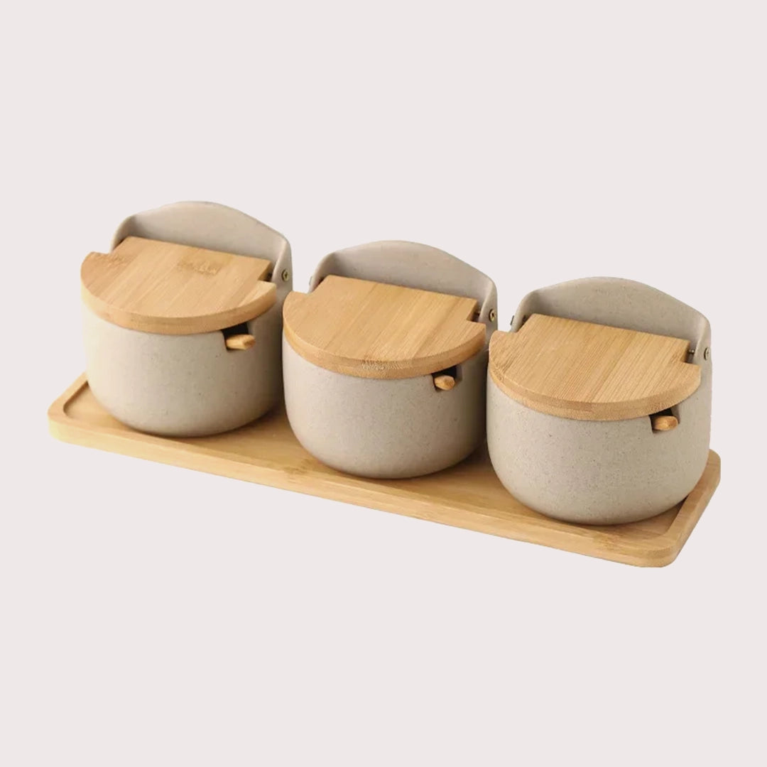 Japanese Style Ceramic Seasoning Jar| Bamboo Lid Spice Jar with Spoon