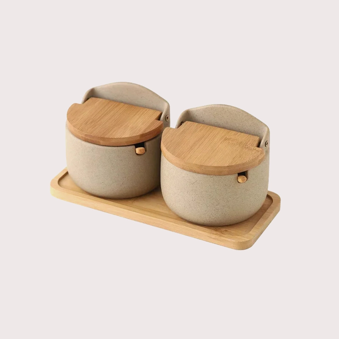 Japanese Style Ceramic Seasoning Jar| Bamboo Lid Spice Jar with Spoon
