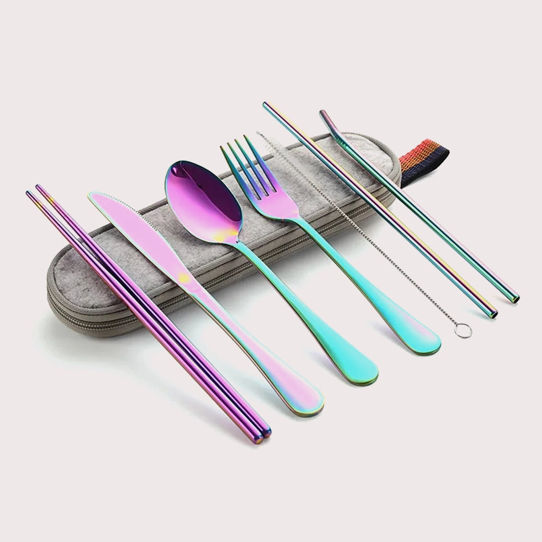 8PCS Portable Tableware Single Box Suitable for Outdoor Picnic Travel Students Chopsticks Fork Spoon Knife Easy to Take