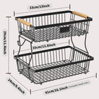 Fruit Basket Vegetable Basket | Metal Storage Basket with Hook and Wooden