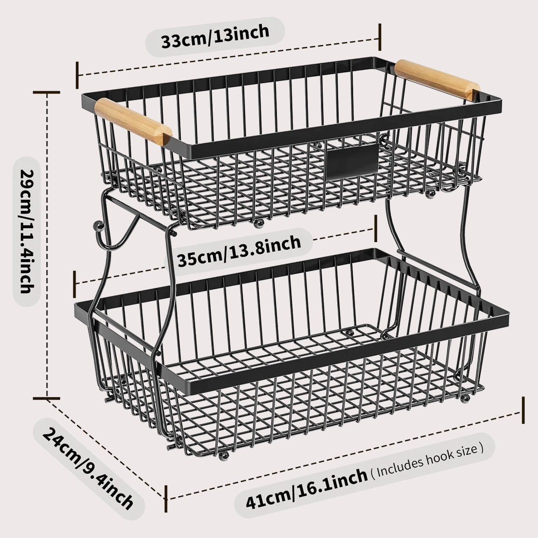 Fruit Basket Vegetable Basket | Metal Storage Basket with Hook and Wooden