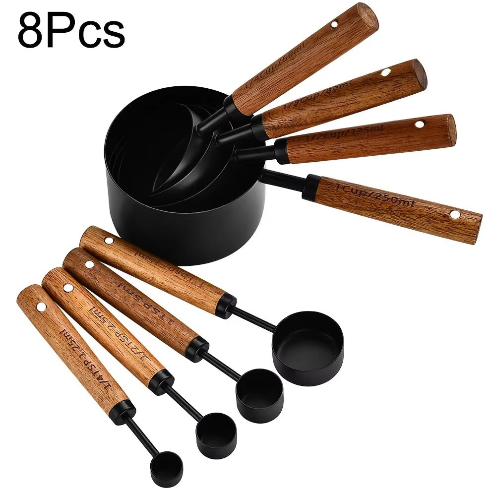 4/8Pcs Black Wooden Handle Stainless Steel Measuring Cups Spoons Baking Tools Coffee Bartending Scale Kitchen Accessories Set - CheffyCorner