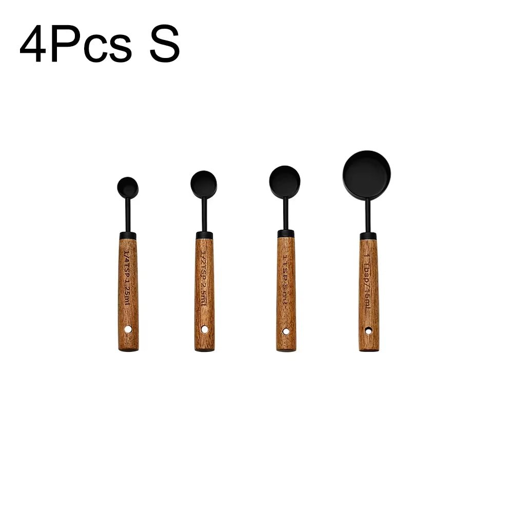 4/8Pcs Black Wooden Handle Stainless Steel Measuring Cups Spoons Baking Tools Coffee Bartending Scale Kitchen Accessories Set - CheffyCorner