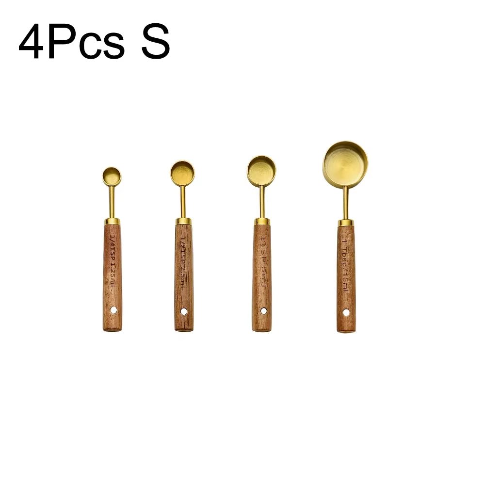 4/8Pcs Black Wooden Handle Stainless Steel Measuring Cups Spoons Baking Tools Coffee Bartending Scale Kitchen Accessories Set - CheffyCorner