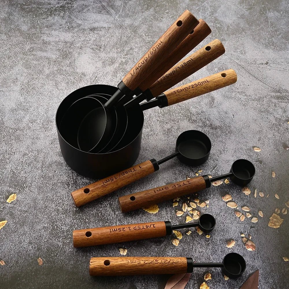4/8Pcs Black Wooden Handle Stainless Steel Measuring Cups Spoons Baking Tools Coffee Bartending Scale Kitchen Accessories Set - CheffyCorner