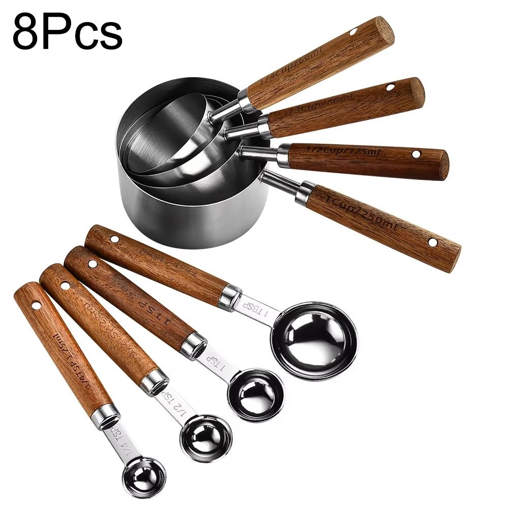 4/8Pcs Black Wooden Handle Stainless Steel Measuring Cups Spoons Baking Tools Coffee Bartending Scale Kitchen Accessories Set - CheffyCorner