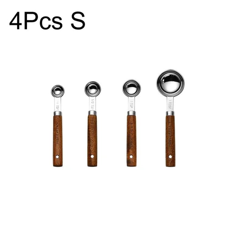 4/8Pcs Black Wooden Handle Stainless Steel Measuring Cups Spoons Baking Tools Coffee Bartending Scale Kitchen Accessories Set - CheffyCorner