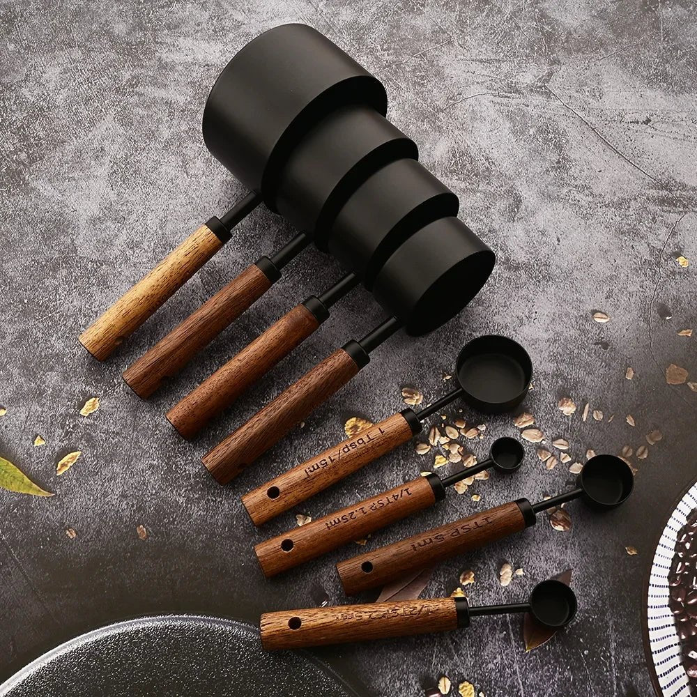 4/8Pcs Black Wooden Handle Stainless Steel Measuring Cups Spoons Baking Tools Coffee Bartending Scale Kitchen Accessories Set - CheffyCorner