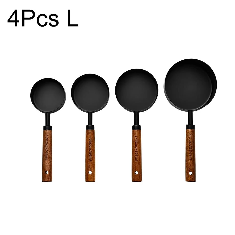 4/8Pcs Black Wooden Handle Stainless Steel Measuring Cups Spoons Baking Tools Coffee Bartending Scale Kitchen Accessories Set - CheffyCorner