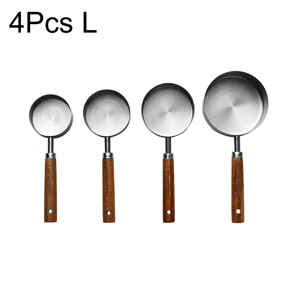 4/8Pcs Black Wooden Handle Stainless Steel Measuring Cups Spoons Baking Tools Coffee Bartending Scale Kitchen Accessories Set - CheffyCorner