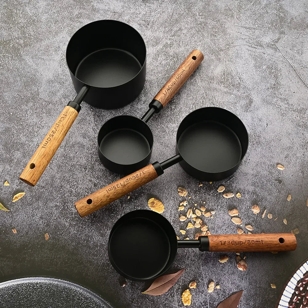 4/8Pcs Black Wooden Handle Stainless Steel Measuring Cups Spoons Baking Tools Coffee Bartending Scale Kitchen Accessories Set - CheffyCorner