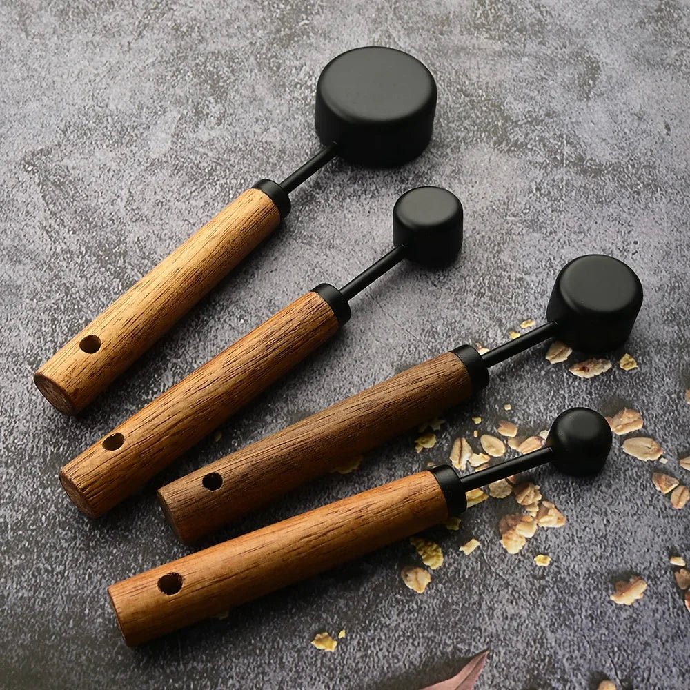 4/8Pcs Black Wooden Handle Stainless Steel Measuring Cups Spoons Baking Tools Coffee Bartending Scale Kitchen Accessories Set - CheffyCorner