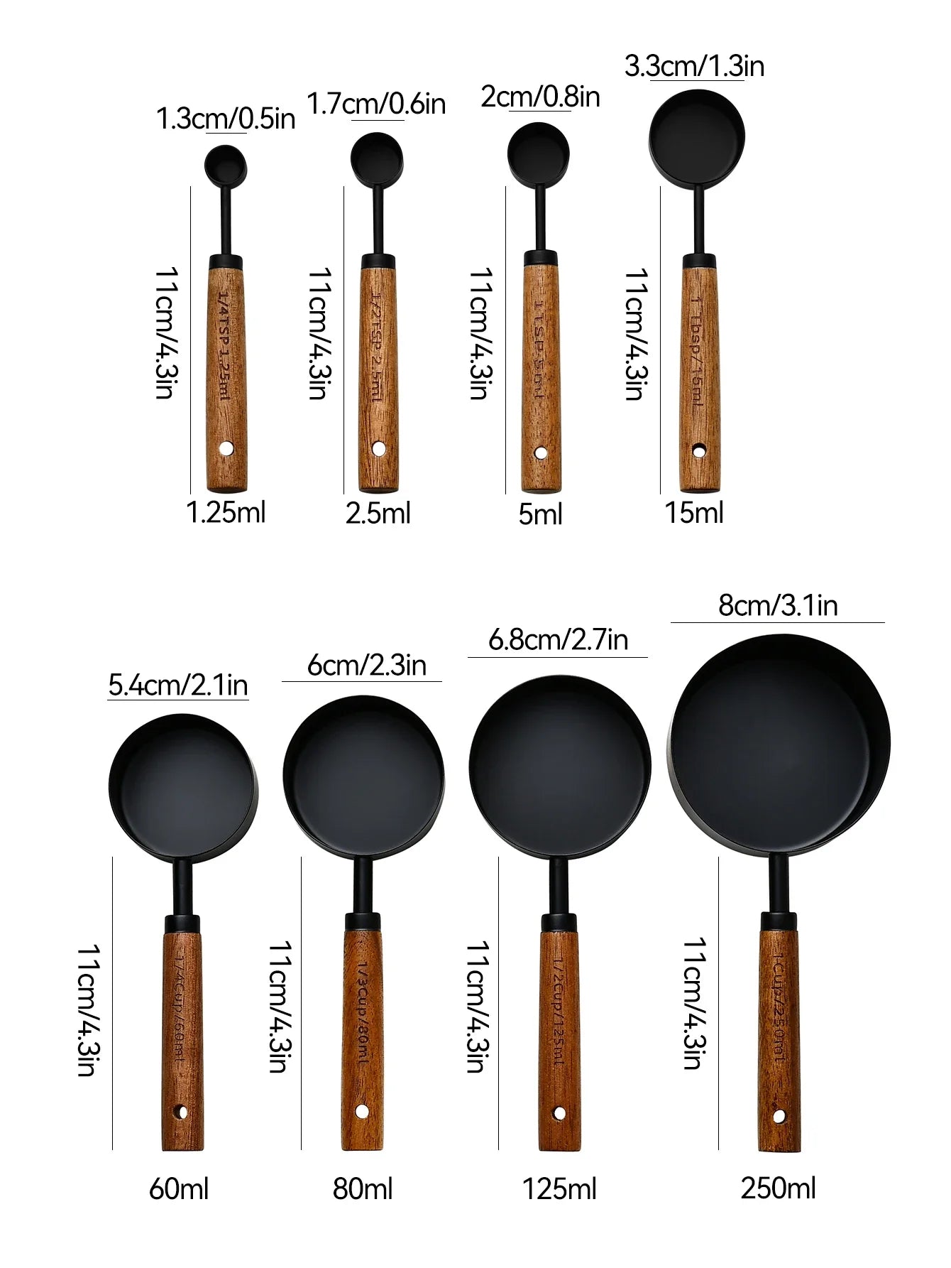 4/8Pcs Black Wooden Handle Stainless Steel Measuring Cups Spoons Baking Tools Coffee Bartending Scale Kitchen Accessories Set - CheffyCorner