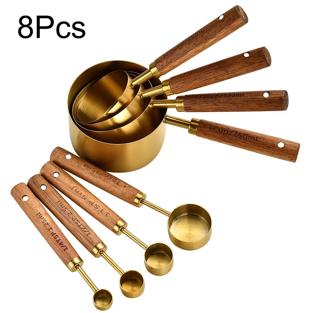 4/8Pcs Black Wooden Handle Stainless Steel Measuring Cups Spoons Baking Tools Coffee Bartending Scale Kitchen Accessories Set - CheffyCorner