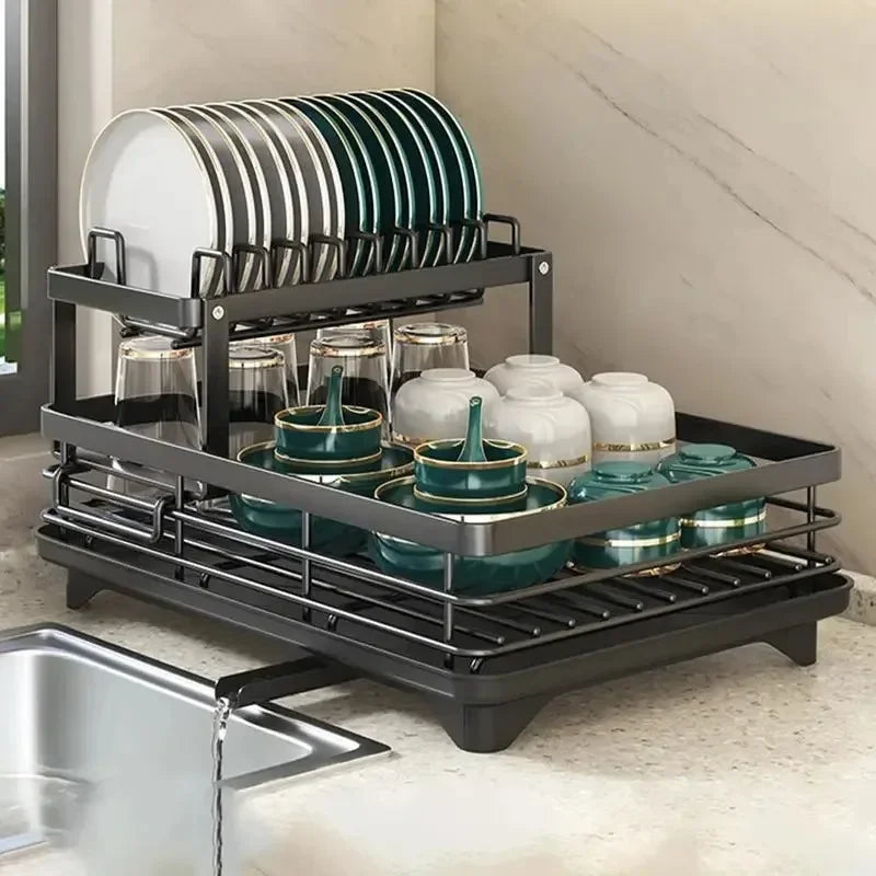 Adjustable Dish Drying Rack & Drainboard Organizer for Kitchen Plates, over Sink Countertop, Cutlery Storage with Drain Rac