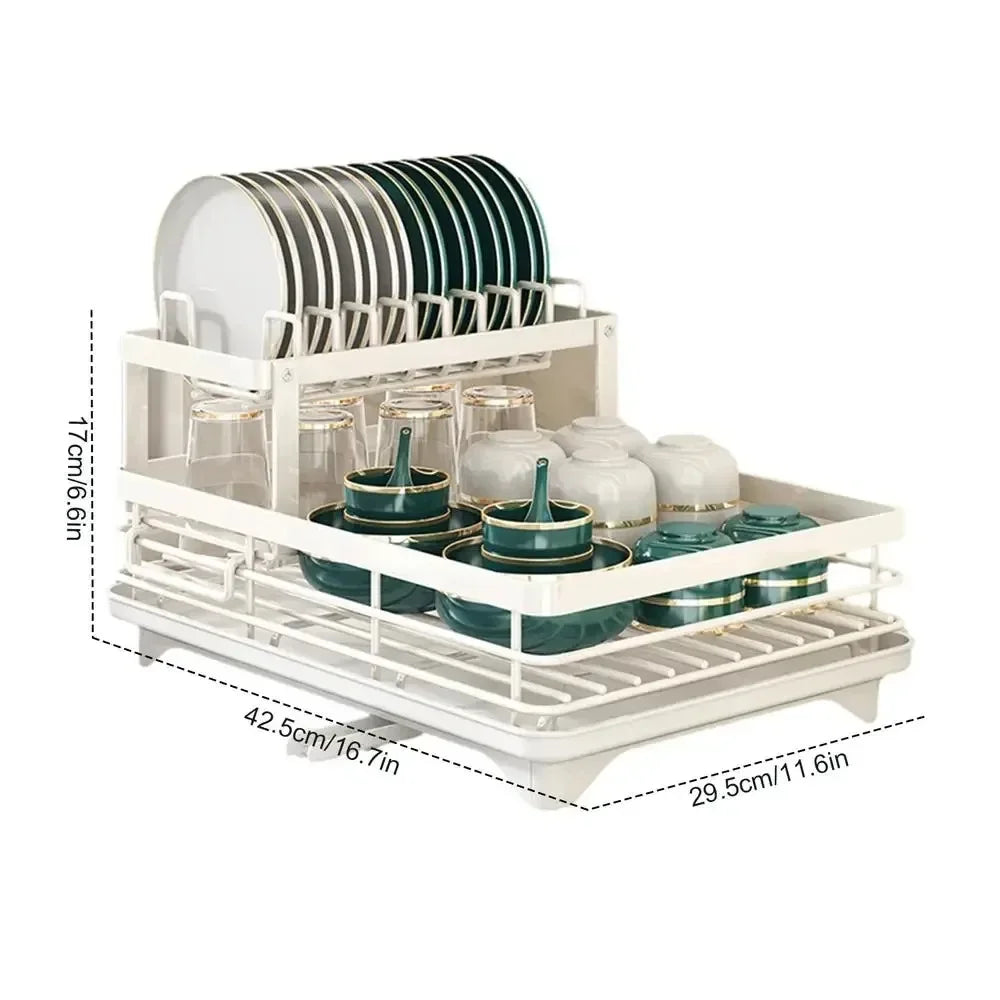 Adjustable Dish Drying Rack & Drainboard Organizer for Kitchen Plates, over Sink Countertop, Cutlery Storage with Drain Rac
