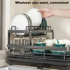 Adjustable Dish Drying Rack & Drainboard Organizer for Kitchen Plates, over Sink Countertop, Cutlery Storage with Drain Rac