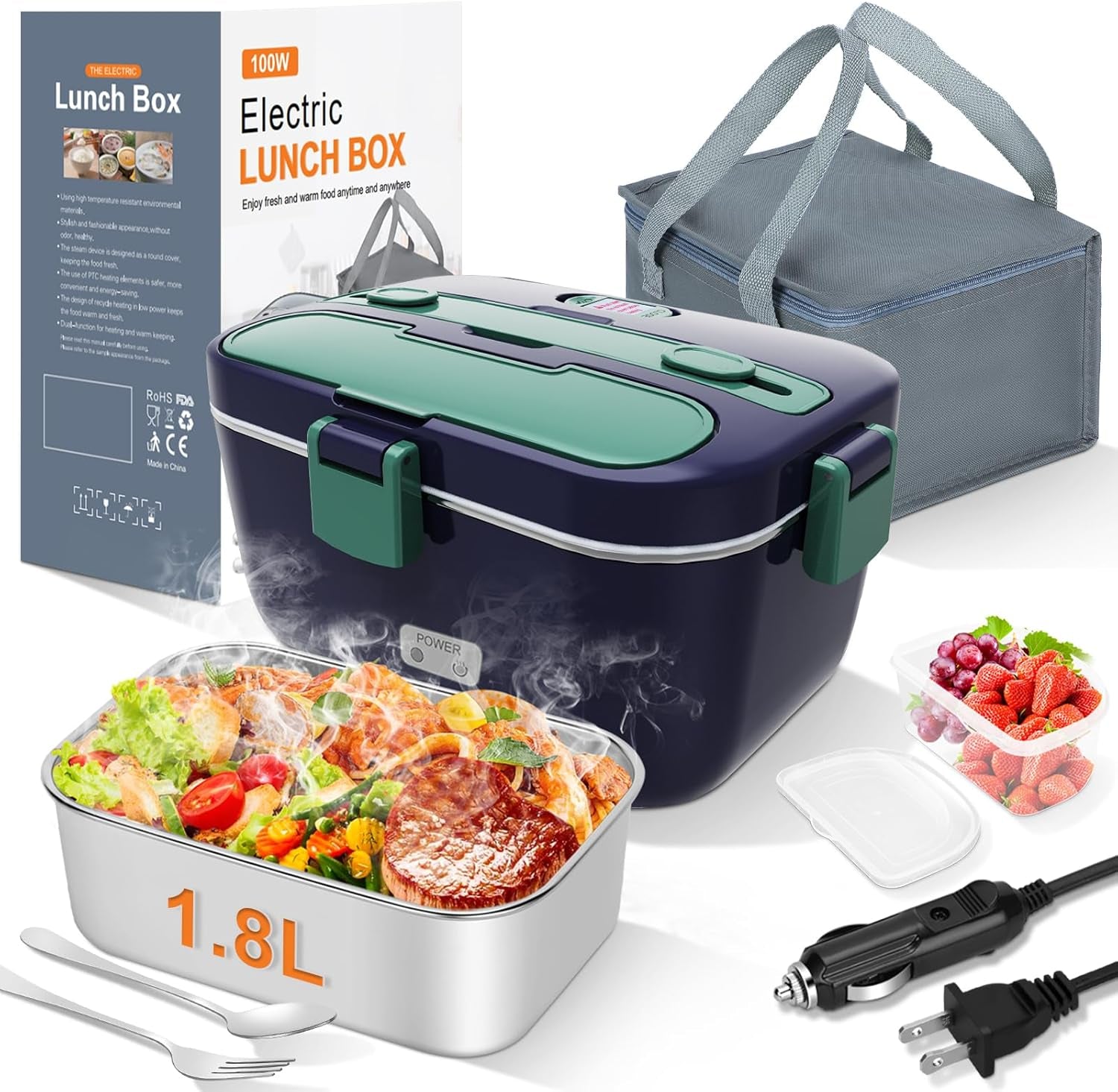 Electric Lunch Box Food Warmer: 100W Heated Lunch Box for Adults, 1.8L Portable Fast Heating Lunchbox Food Heater for Car, Truck, Work, Travel, Lonchera Elctrica Porttil 12/24V/110-230V