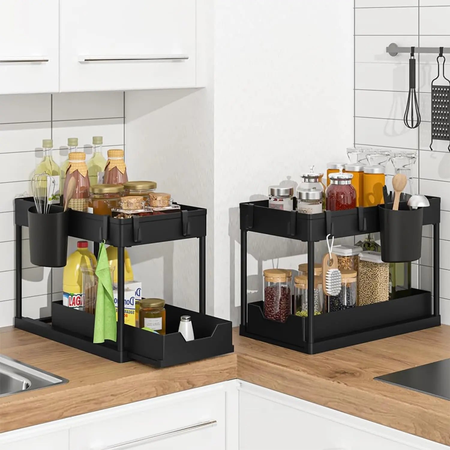 A black 2-tier pull-out kitchen cabinet organizer.