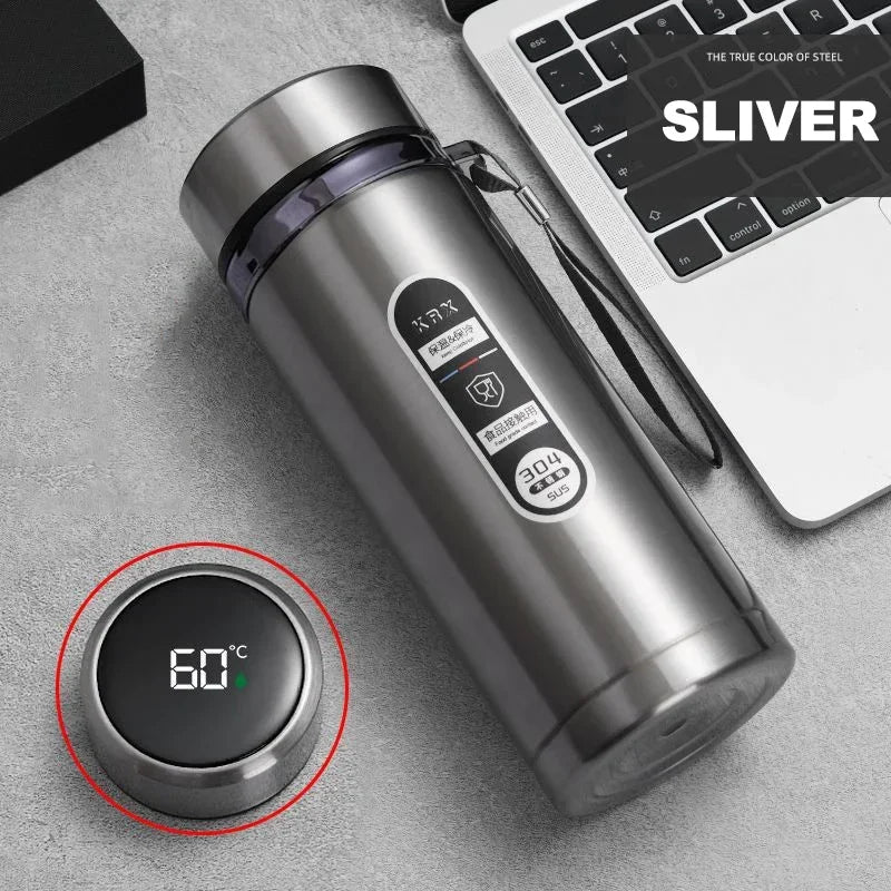 A portable vacuum flask with a built-in tea infuser and an LED display.


