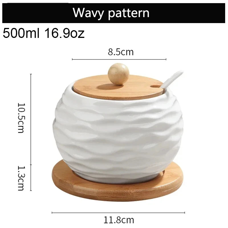 Ceramic Seasoning Jars with Spoon Wooden Lid Kitchen Supplies White Spice Organizer Canister Set Sugar Box Seasoning Organizer