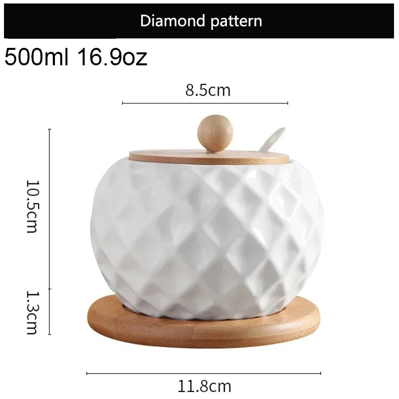 Ceramic Seasoning Jars with Spoon Wooden Lid Kitchen Supplies White Spice Organizer Canister Set Sugar Box Seasoning Organizer