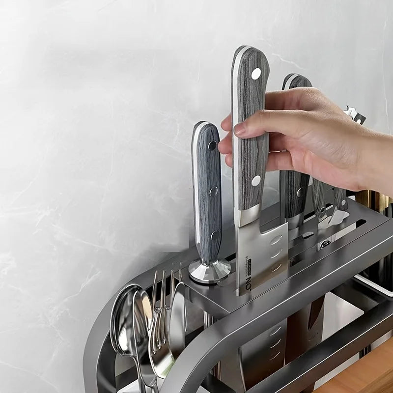 1Pc Stainless Steel Knife Holder Kitchen Rack Home Countertop Cutting Board Rack Cutting Board Knife Integrated Storage Rack