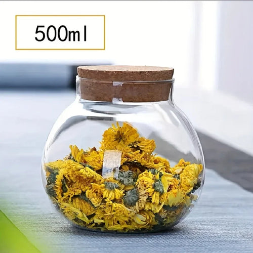 1/3Pc Storage Containers, 500Ml/16.91Oz Cork Glass Tea Jar with Cork Stopper, round Sealed Food Storage Jar, Kitchen Organizers