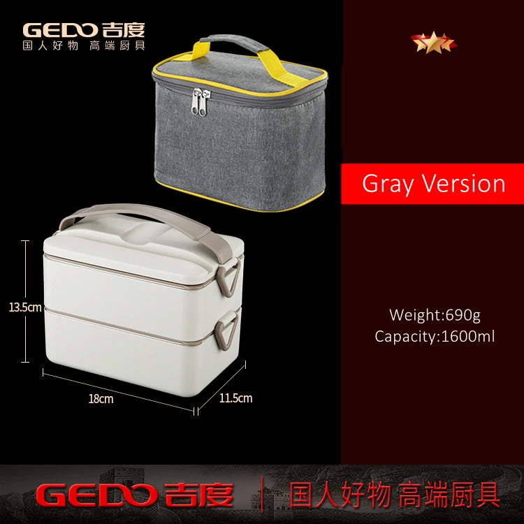 LFGB Certification Pure 304 Stainless Steel 2 Layers Bento Box with Silicone Seal Belt and PP Shell Lunch Box with Handle