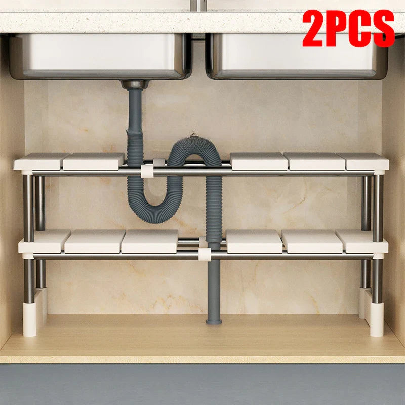 1 Stainless Steel Expandable Kitchen Sink Storage Rack Cabinet Storage Multi-Layer Multifunctional Internal Layered Storage Rack