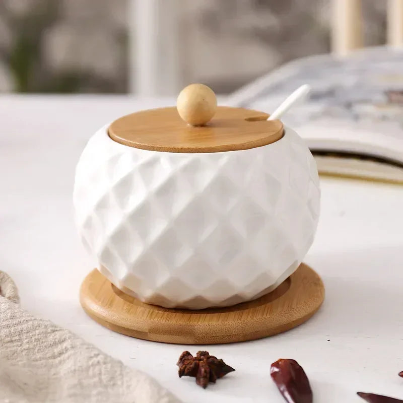 Ceramic Seasoning Jars with Spoon Wooden Lid Kitchen Supplies White Spice Organizer Canister Set Sugar Box Seasoning Organizer