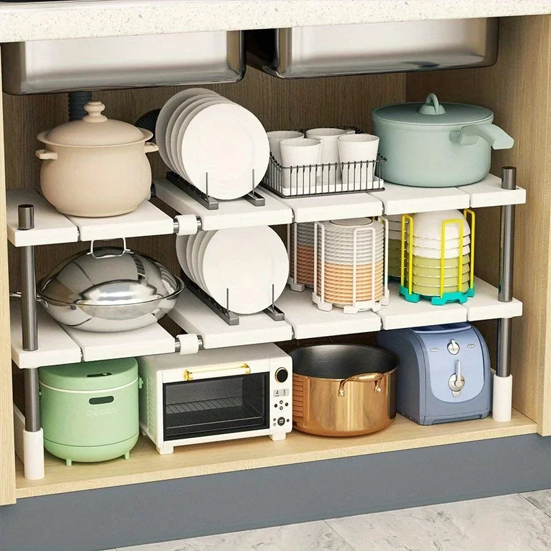 1 Stainless Steel Expandable Kitchen Sink Storage Rack Cabinet Storage Multi-Layer Multifunctional Internal Layered Storage Rack