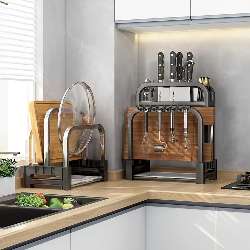 1Pc Stainless Steel Knife Holder Kitchen Rack Home Countertop Cutting Board Rack Cutting Board Knife Integrated Storage Rack