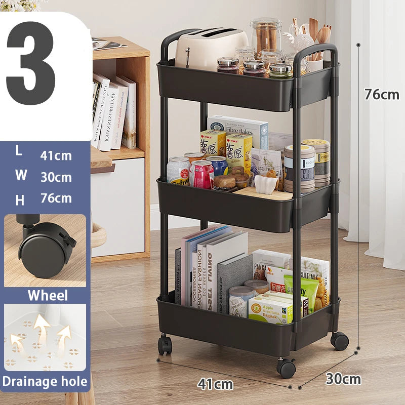 3 Tiers Kitchen Shelf Multifunction Large Capacity Seasoning Storage Rack with Wheel Snacks Sundries Storage Trolley Organizer