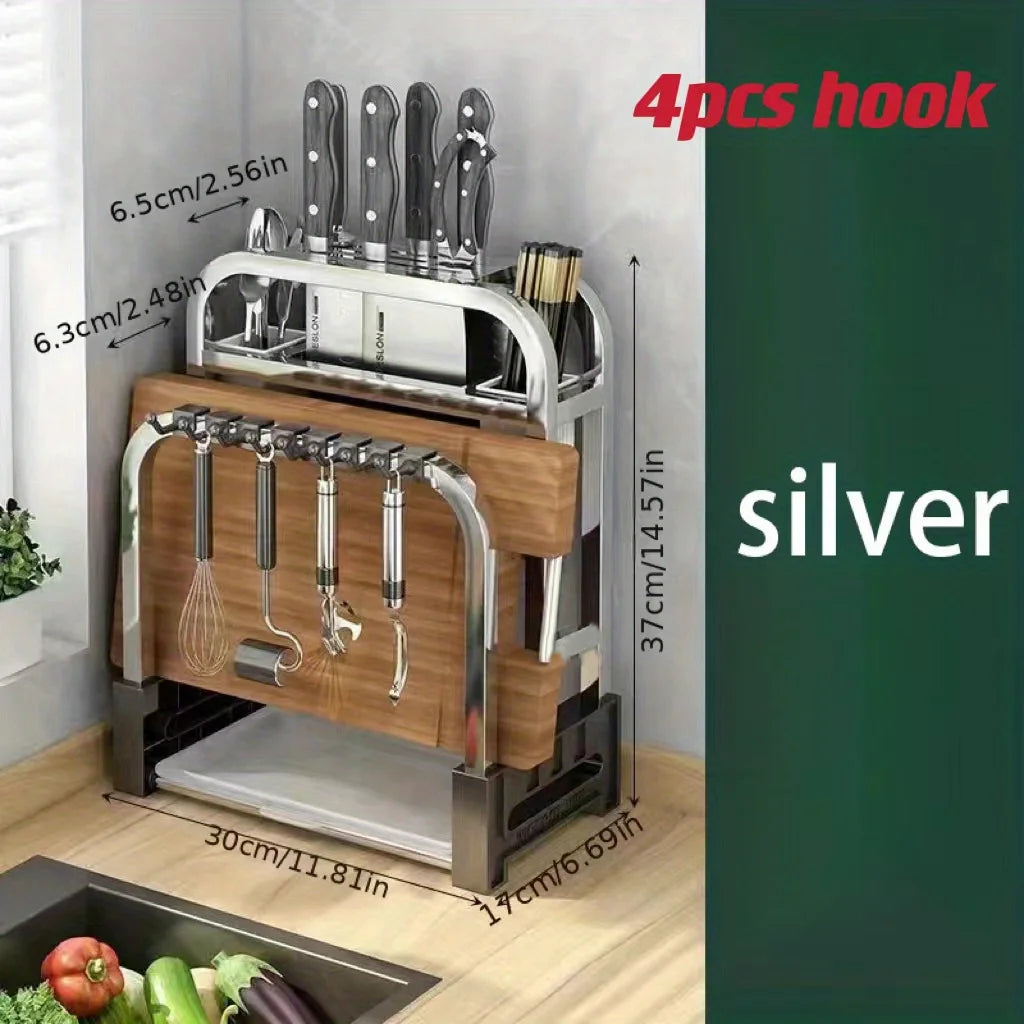 1Pc Stainless Steel Knife Holder Kitchen Rack Home Countertop Cutting Board Rack Cutting Board Knife Integrated Storage Rack