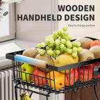 Fruit Basket Vegetable Basket,Metal Storage Basket with Hook and Wooden Handle,Stackable and Removable Kitchen Storage Rack