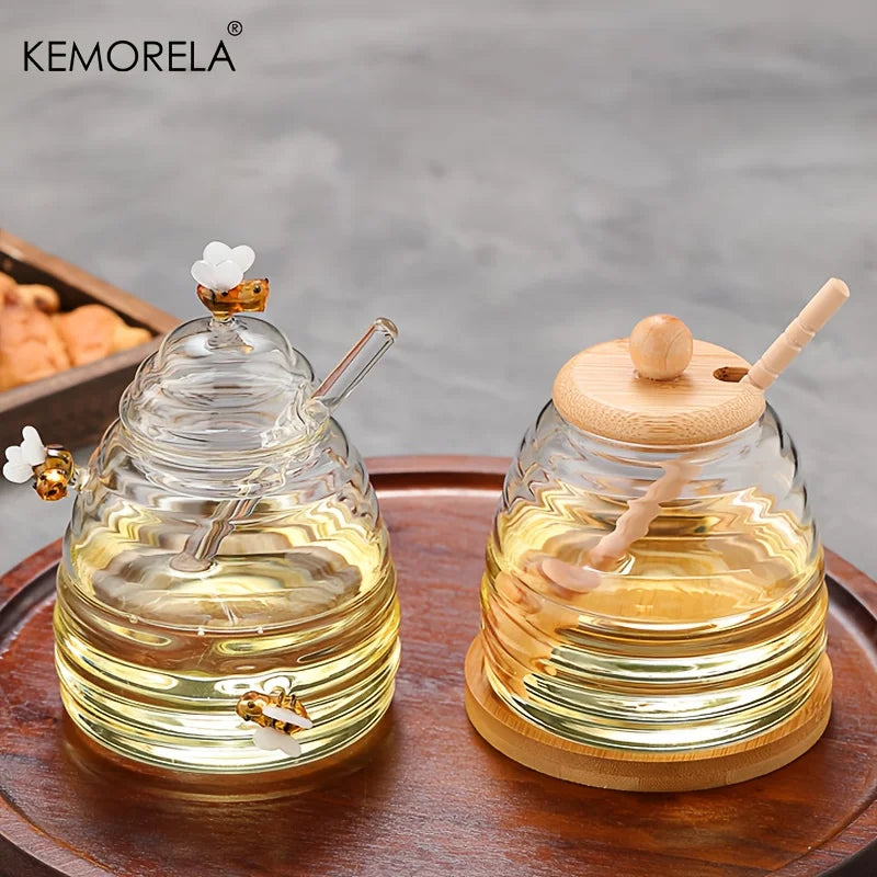 Glass Honeycomb Tank Kitchen Tools Honey Storage Container with Dipper and Lid Honey Bottle for Wedding Party Dining
