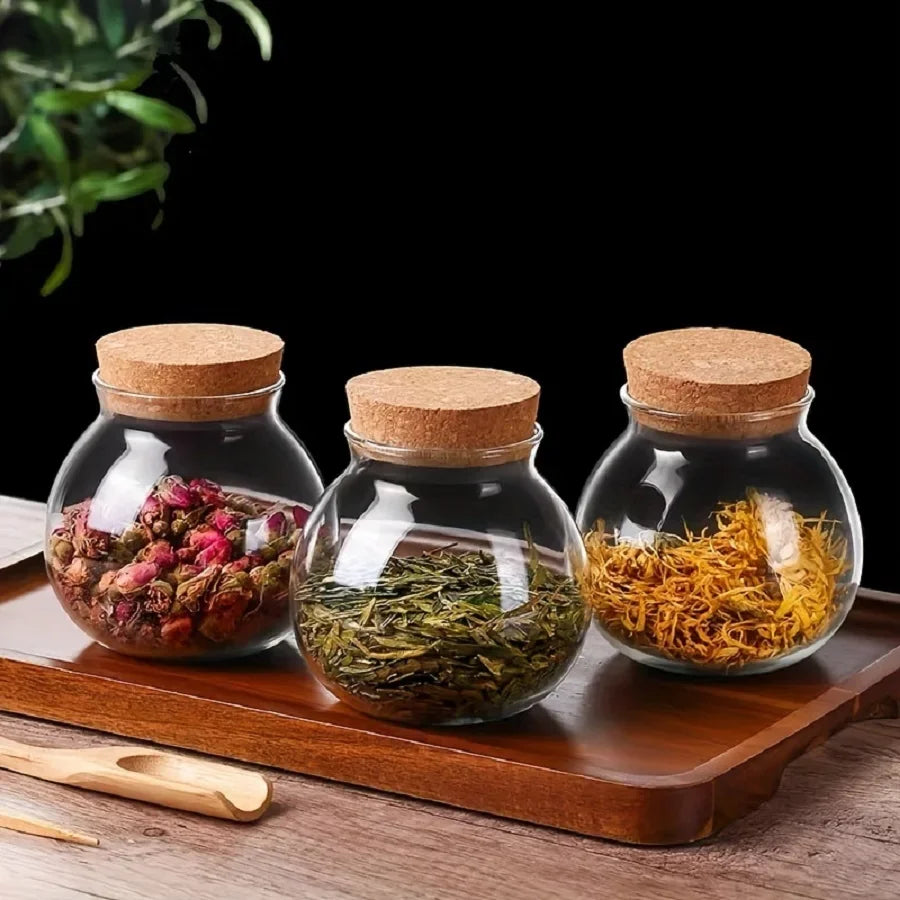 1/3Pc Storage Containers, 500Ml/16.91Oz Cork Glass Tea Jar with Cork Stopper, round Sealed Food Storage Jar, Kitchen Organizers
