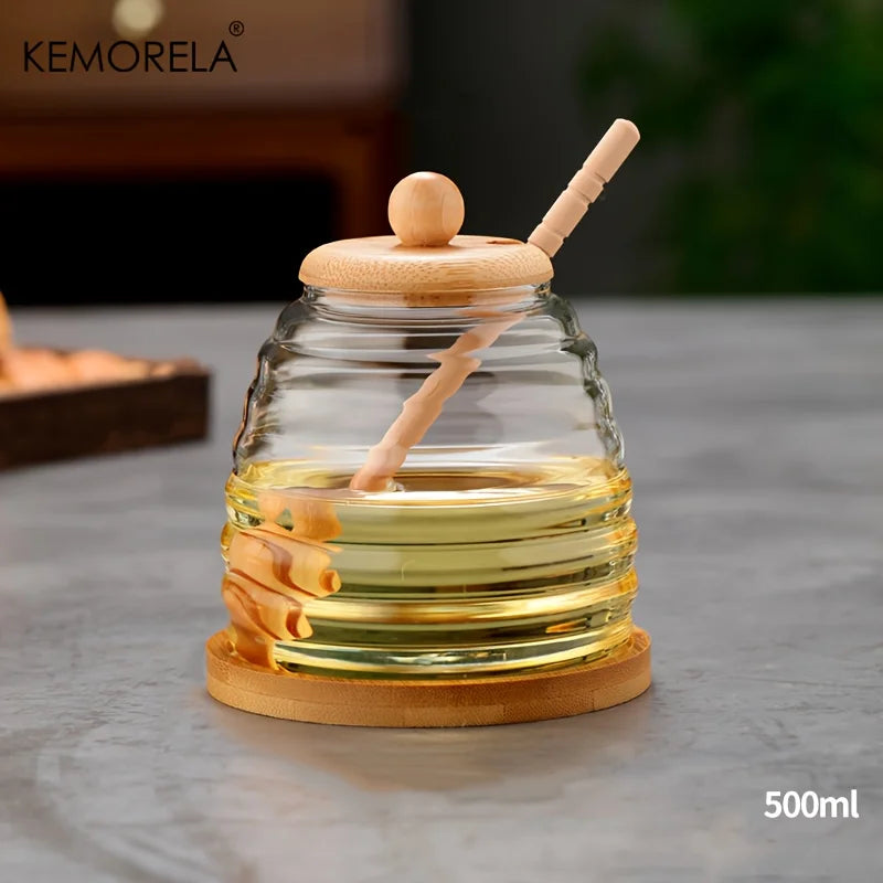 Glass Honeycomb Tank Kitchen Tools Honey Storage Container with Dipper and Lid Honey Bottle for Wedding Party Dining