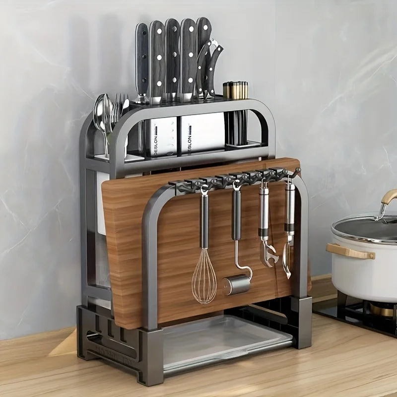 1Pc Stainless Steel Knife Holder Kitchen Rack Home Countertop Cutting Board Rack Cutting Board Knife Integrated Storage Rack