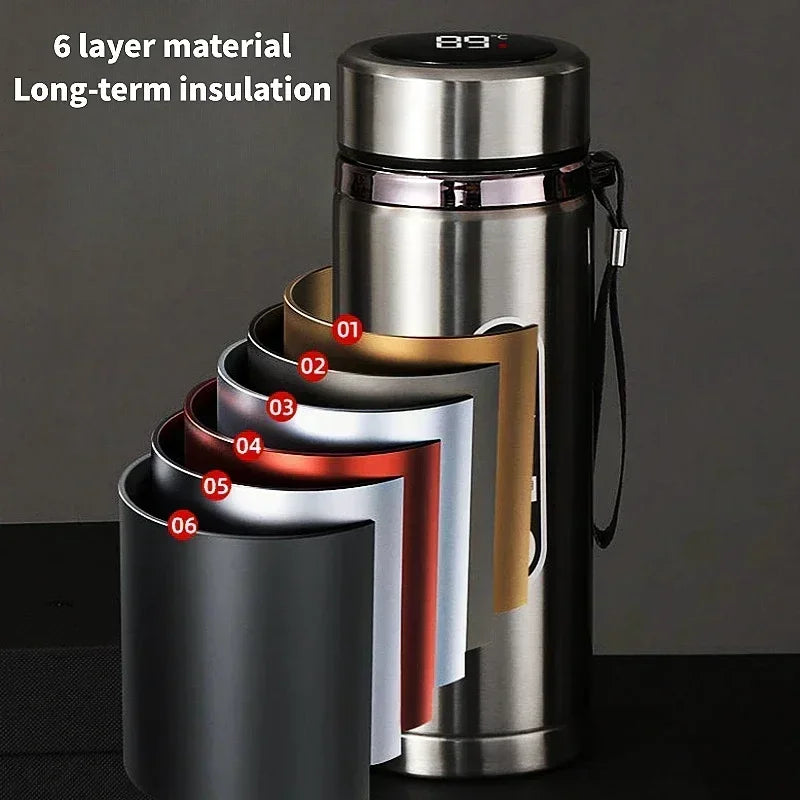Stainless steel thermos bottle with an LED temperature display.

