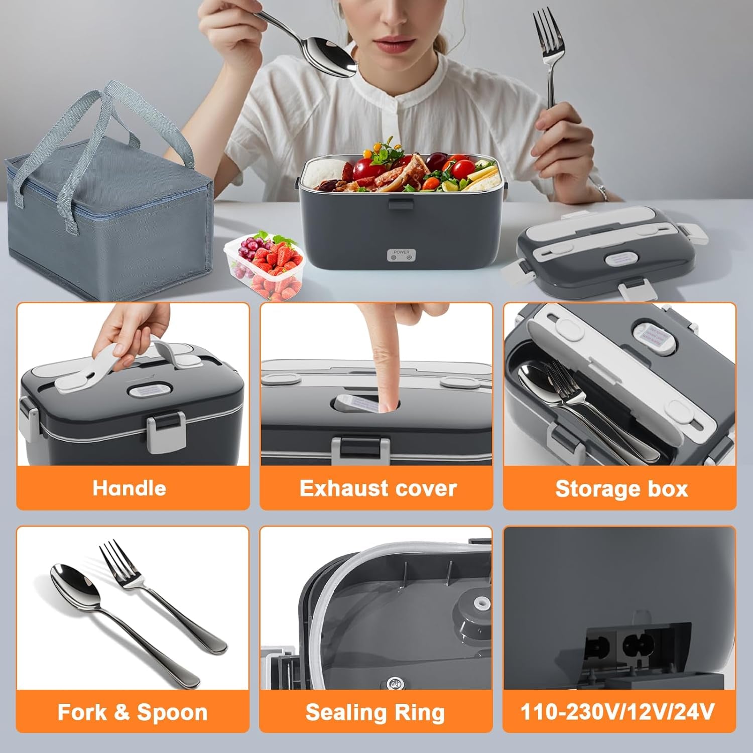 Electric Lunch Box Food Warmer: 100W Heated Lunch Box for Adults, 1.8L Portable Fast Heating Lunchbox Food Heater for Car, Truck, Work, Travel, Lonchera Elctrica Porttil 12/24V/110-230V
