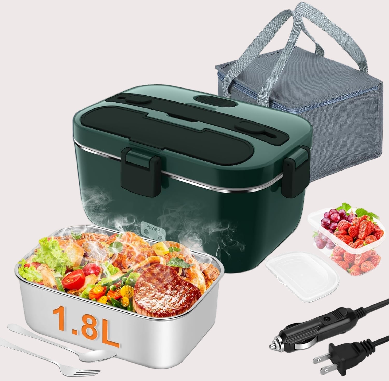 Electric Lunch Box Food Warmer: 100W Heated Lunch Box for Adults, 1.8L Portable Fast Heating Lunchbox Food Heater for Car, Truck, Work, Travel, Lonchera Elctrica Porttil 12/24V/110-230V